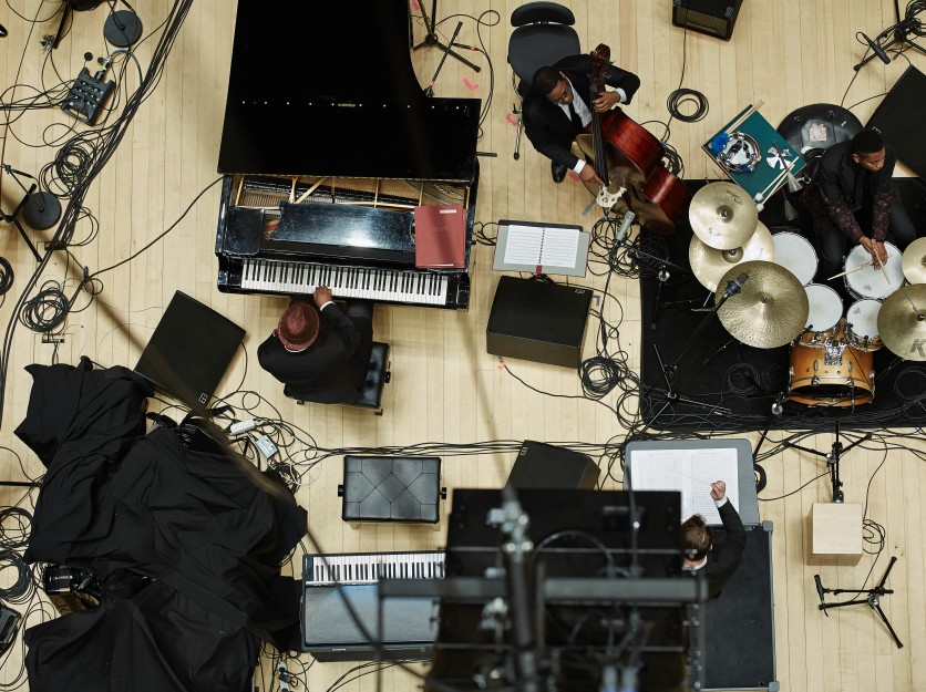 Photo of instruments laid out on the NOSPR stage from above.